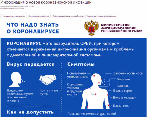 На сайте Минздрава РФ создан специальный раздел о профилактике коронавируса