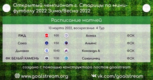 Матч за матчем, тур за туром - Открытый чемпионат города Старицы по мини-футболу продолжается. В воскресенье, 13 марта, пройдет 4 тур нашего чемпионата. Ждем болельщиков в спортивном комплексе ДЮСШ! Внимание команд и болельщиков! Начало игр в 9.00 часов.