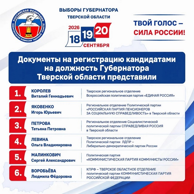 Все кандидаты на должность Губернатора Тверской области представили документы на регистрацию